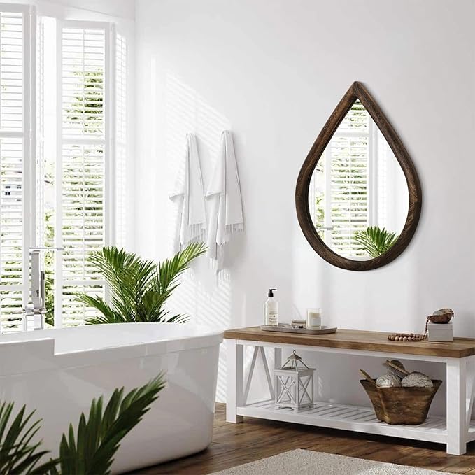 Teardrop Mirror Wall Decor Large Wall Mounted Mirrors with Wood Frame Vintage Wall Art Mirror Rustic Farmhouse Decorative Mirrors for Bathroom Entryway Living Room