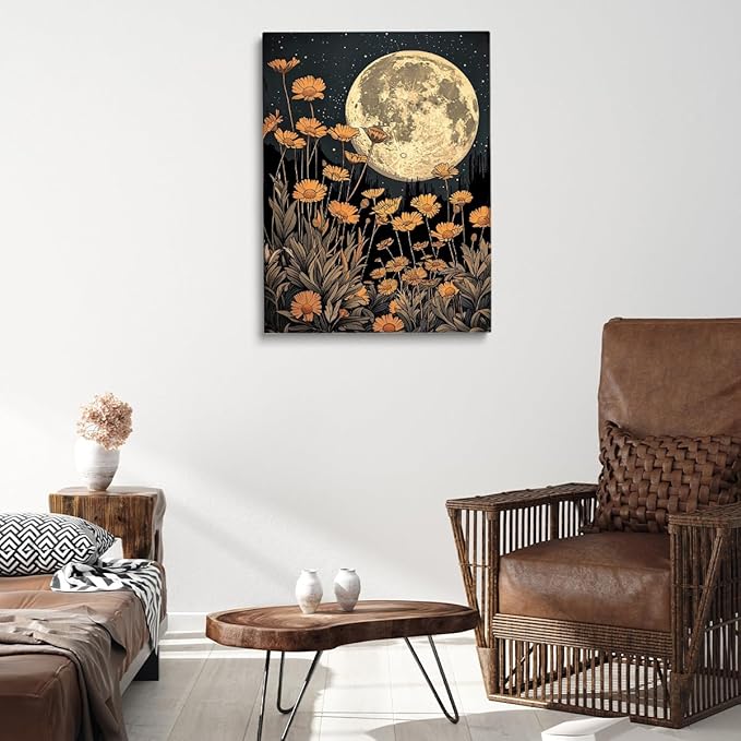 Dark Moody Moon And Flowers William Morris Art Print, Dark Cottagecore Celestial Wall Art, Etheral Moonlight Academia Decor, Gothic Art for Office Bedroom Living Room 8x12in Unframed poster