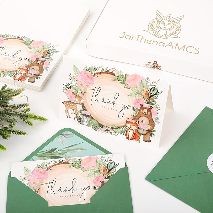 JarThenaAMCS 50 Pack Woodland Thank You Cards Boxed Pink Floral Forest Animal Greeting Cards With Envelopes Stickers Blank Note Cards for Baby Shower Birthday, 4 x 6 Inch
