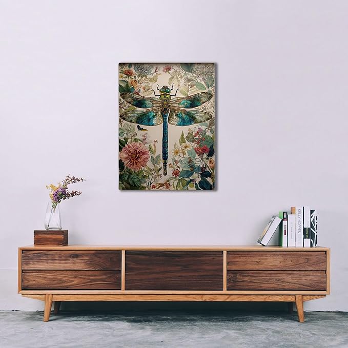 GDSRGXC Vintage Botanical Dragonfly Canvas Wall Art, Turquoise and Gold Insect Print with Floral Background, Nature Home Decor (16''x24'')