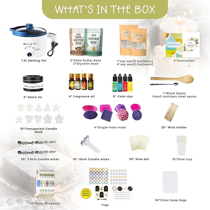 PIUH Basic DIY 2-in-1 Candle & Soap Making Supplies Kit with Wax/Soap Melter and Candles/Soaps Making Supplies for Adults Beginners, Starter Making Candle Soap Craft Kits Gifts