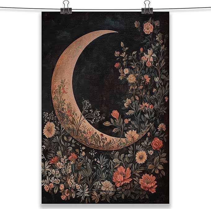 Crescent Moon Floral Canvas Poster Modern Trendy Lunar Wall Art Vintage Dark Celestial Painting Prints Whimsical Botanical Aesthetic Home Decor for Bedroom Living Room 24x36inch Unframed