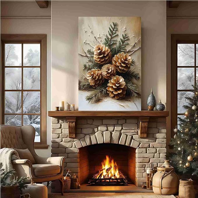 Vintage Christmas Canvas Painting Rustic Nature Print Forest Canvas Wall Art Botanical Wall Decor Brown Green Painting Poster Indoor Decor for Home Offices Living Room Bedroom Framed Ready to Hang