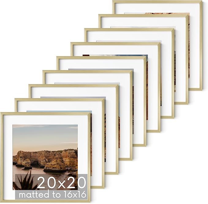 HAUS AND HUES 20x20 Gold Metal Picture Frames Matted to 16x16 - Premium Aluminum with Hanging Hardware, Shatterproof Plexiglass - Ideal for Home or Office (20x20 in, Gold, Set of 9)