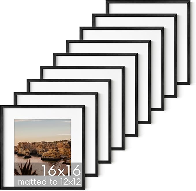 HAUS AND HUES 16x16 Black Metal Picture Frames Matted to 12x12 - Features Premium Aluminum & Hanging Hardware, Shatterproof Plexiglass - Ideal for Home, Room, Office (16x16 in, Black, Set of 9)