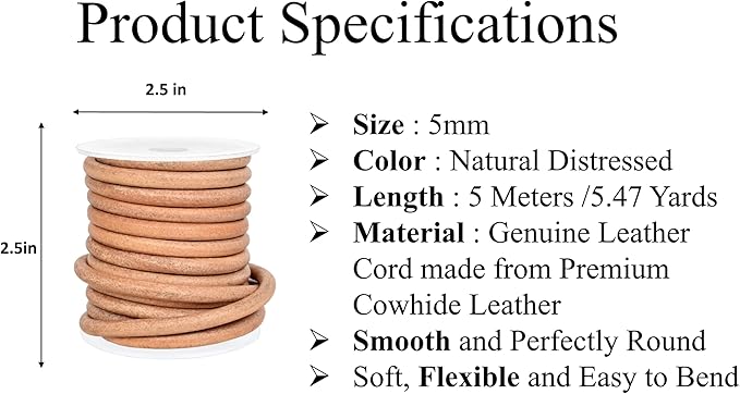 GENIQUE Real/Genuine Round Leather String Cord for Necklace, Bracelets, Jewellery, Braiding (Natural Distressed, 5mm)