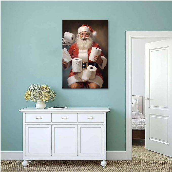 Framed Canvas Santa Bathroom Wall Art Toilet Humor Decor Vintage Christmas Holiday Wall Art Restroom Amusing Gift Santa Toilet Rolls Funny Poster 16x24in Wood Framed