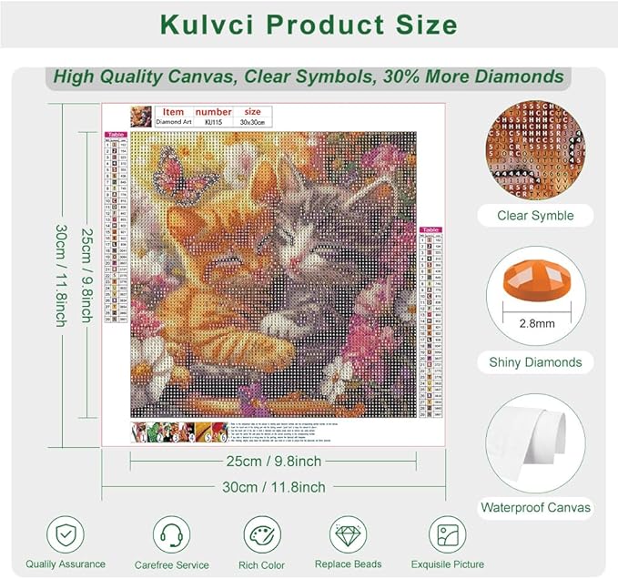 Kulvci Cat Aniaml Diamond Painting Kits for Adults, Diamond Art Kits for Beginners, 5D DIY Full Drill Gem Craft for Home Decor Gift 12x12inch