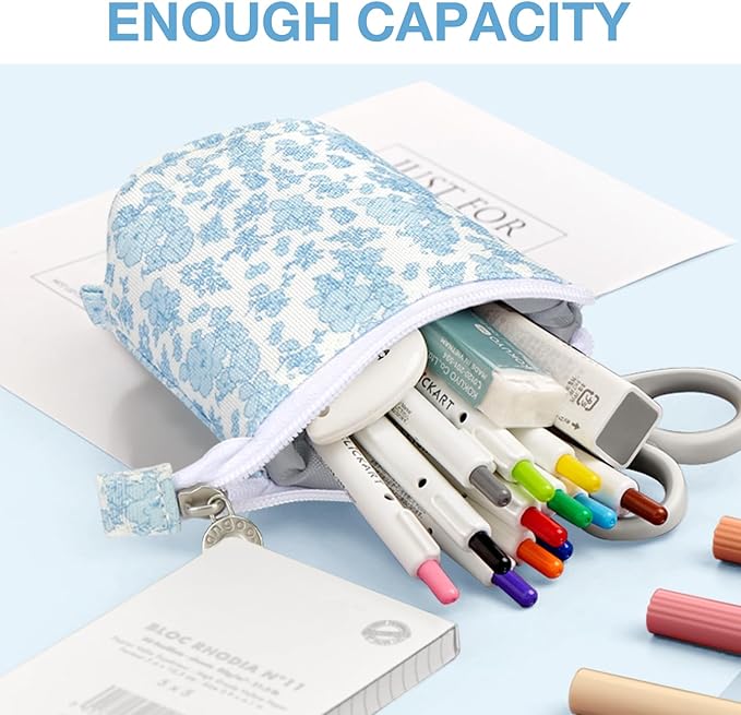 Cute Standing Pencil Case Pen Holder for Kids, Pop Up Stand UP Bubble Tea Pen Organizer Kawaii Stationary for Christmas Holiday New Year Office (Blue flowers)