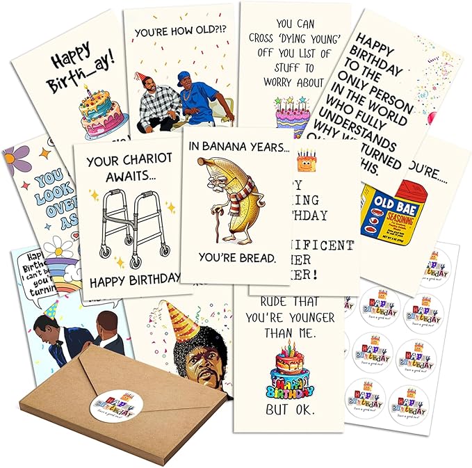 Funny Birthday Cards for Adults – Hilarious Greeting Card Set with Envelopes & Stickers – Sarcastic, Offensive Humor for Friends, Coworkers, Him, Her – 12 Pack (Birthday Funny)