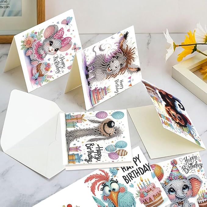 6-Pack Pets Birthday Diamond Painting Greeting Card Kits, Special Shaped Diamonds Painting, DIY Handcraft for Relatives and Friends with Wishes,Unique Design Crafting for Birthday Cards