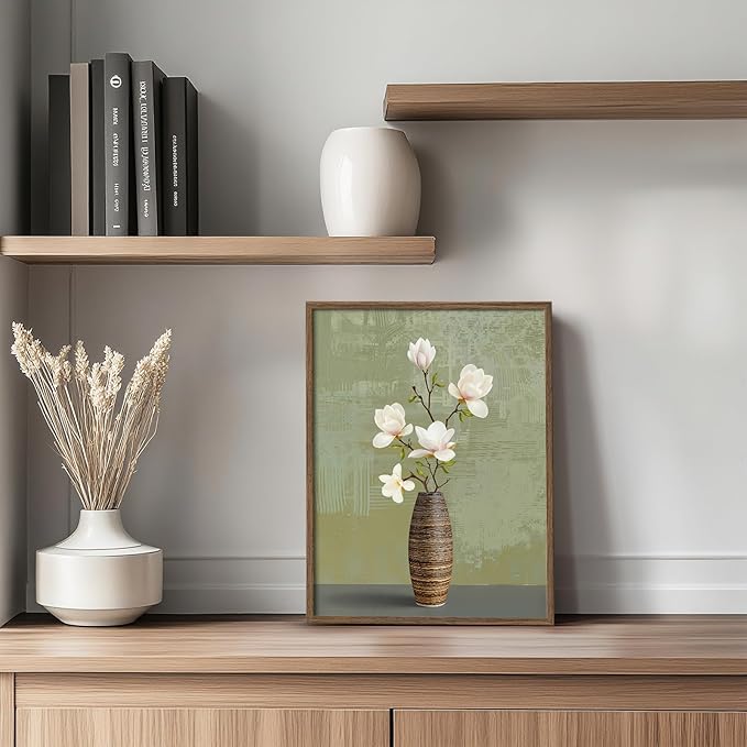 Framed Bathroom Floral Picture Wall Decor, Rustic Botanical Canvas Painting Print for Farmhouse Bathroom, Neutral Elegant Magnolia Green and White Flower Artwork for Bedroom Kitchen Home Decor, 12x16