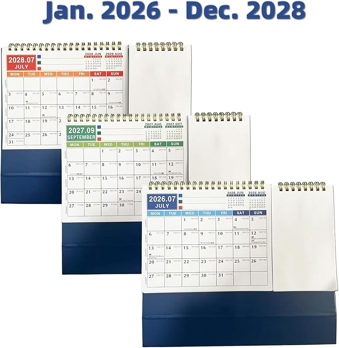 Desk Calendar Jan 2026 - Dec 2028, 10.43" x 7.3" Standing Flip 3-Year Desktop Calendar Monday Start with Memo Pad Golden Wire-Binding, Holiday Markings & 2 Sticker Sheets