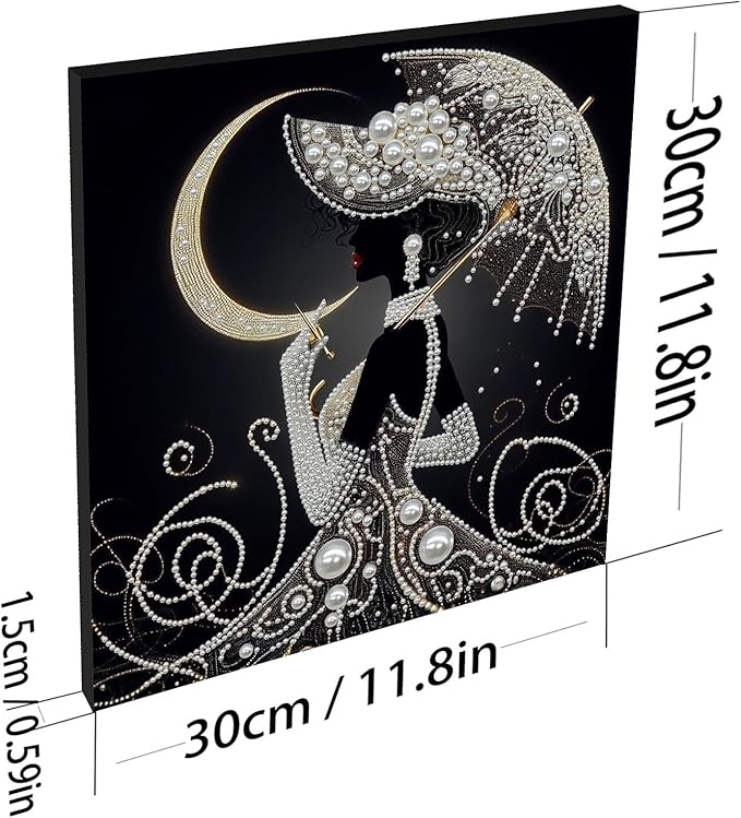 DIY Pearl Painting Kit with Wooden Frame, 3D Plastic Pearl Gemstone Ocean Art Craft for Adults Beginners, Diamond Art Kits for Adults, Home Wall Decor Ready Gift for Women(Moon Umbrella Woman)(30*30cm