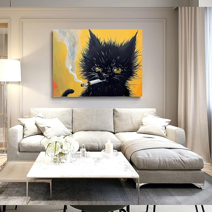 Black Cat Painting, Cat Smoking A Cigarette, Cat Wall Art, Black Long Hair Cat Print,Cat Print, Cat Portrait, Unique Gift, Black Kitten Painting,Cat Lover Room Decor, Cat House Decor20x30Unframed