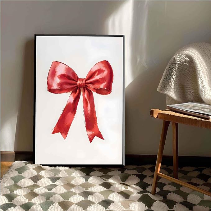 Framed Canvas Wall Art Vintage Red Christmas Bow Wall Art Winter Home Decor Red Bow Print Holiday Christmas Decor 16x24in Metal blackFramed