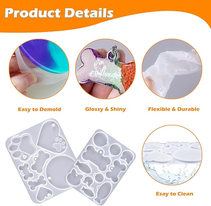 Pet Tag Resin Molds, Silicone Mold for Resin Casting Pet Collar Tags, Dog Paw/Bone/Circle/Heart Silicone Mold Set with 10 Keychains, DIY Keychain Pendant Charm Crafts-Make Dog Cat Name Tags