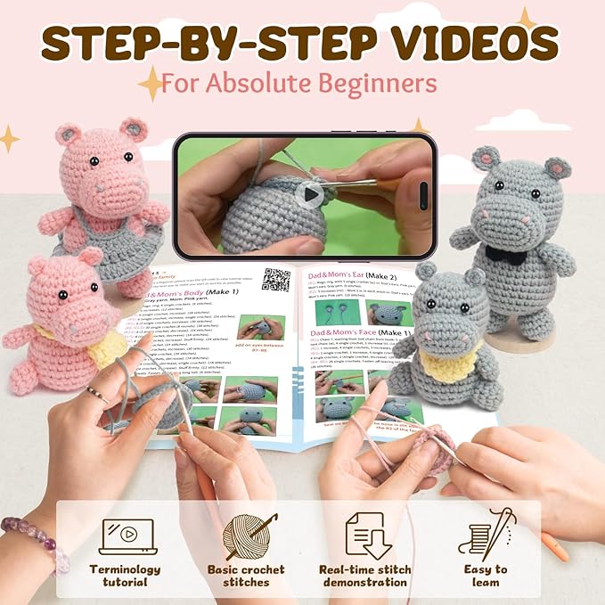 POP COCHE Crochet Kit for Beginners, Crochet Starter Kits for Adults, Amigurumi Craft Knitting Crochet Animal Kit with Step-by-Step Video Tutorials, Hippo Family (40%+ Yarn)