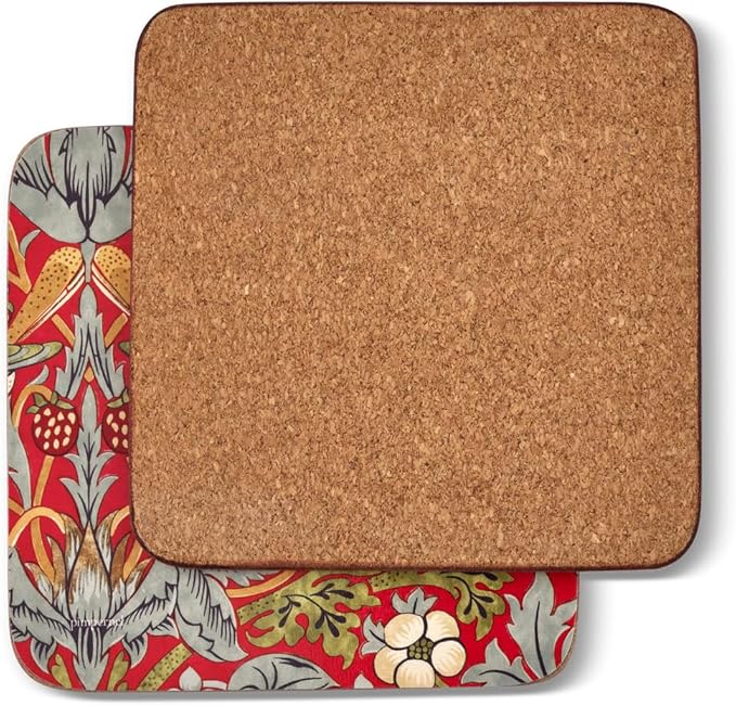 Pimpernel Morris & Co Strawberry Thief Red Coasters, Set of 6 - Stain Resistant & Heat Safe Fabric-Feel Square Coasters with Birds & Botanical Pattern for Stylish Dining & Entertaining