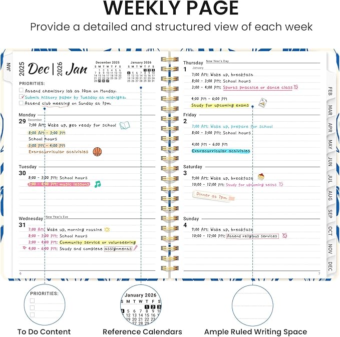 2026 Planner, Monthly and Weekly Calendar Planner for Women, Jan 2026 - Dec 2026, Hardcover Pretty 2026 Agenda Planner Book with Tabs, Spiral Bound, Perfect for School Office Home Supplies, 6.3" x 8.5" - Indigo Tulips