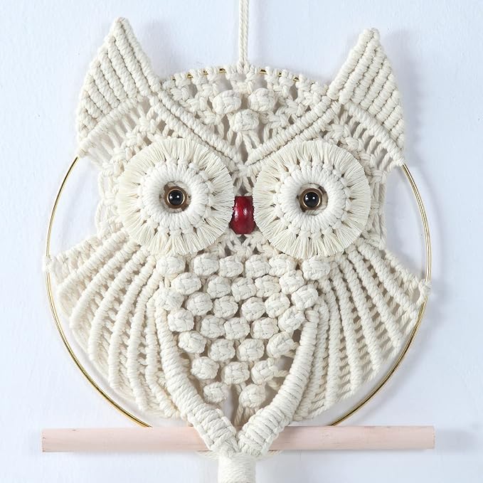 MVSUTA Owl Ivory Cotton Handmade Macrame Wall Hanging Tapestry Home Decor Art and Beige Craft Wonderful Decoration Woven Boho Ornament for Office Bedroom Apartment Living Cream Nursery Gallery,1pc