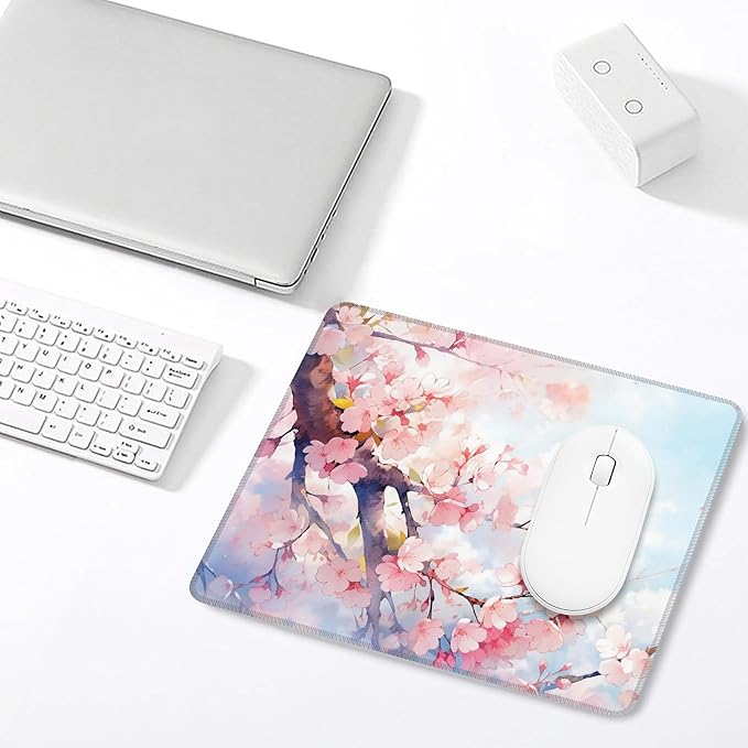 Mouse Pad, Watercolor Pink Cherry Blossoms Mouse Pads for Desk,Soft Computer Mouse Mat Square Waterproof Non-Slip Rubber Base Gaming MousePads for Women Men,Laptop,Office