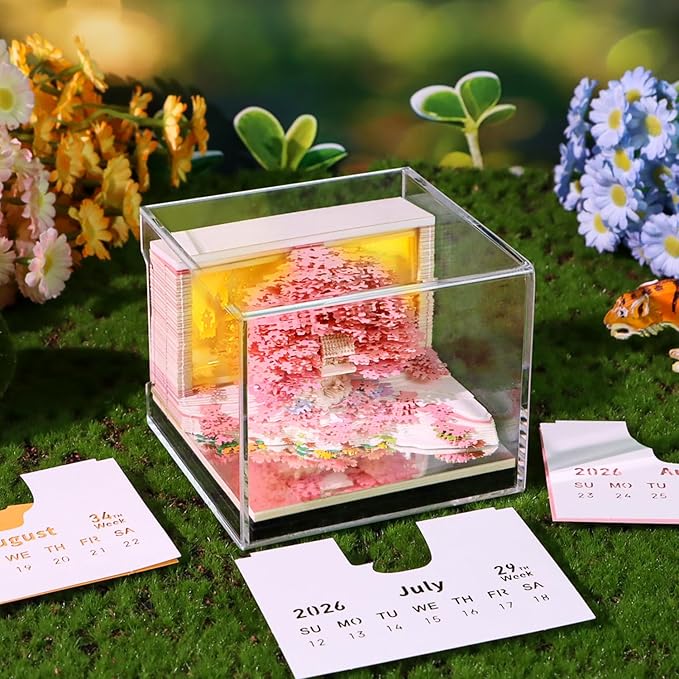 3D Calendar 2026, Flower Sea and Tree Island Time Piece Calendar 2026, Daily Tear-Off Memo Pad with LED Glow, Paper Carving Desktop Decoration, Unique Holiday & New Year Paper Craft Gift, Pink