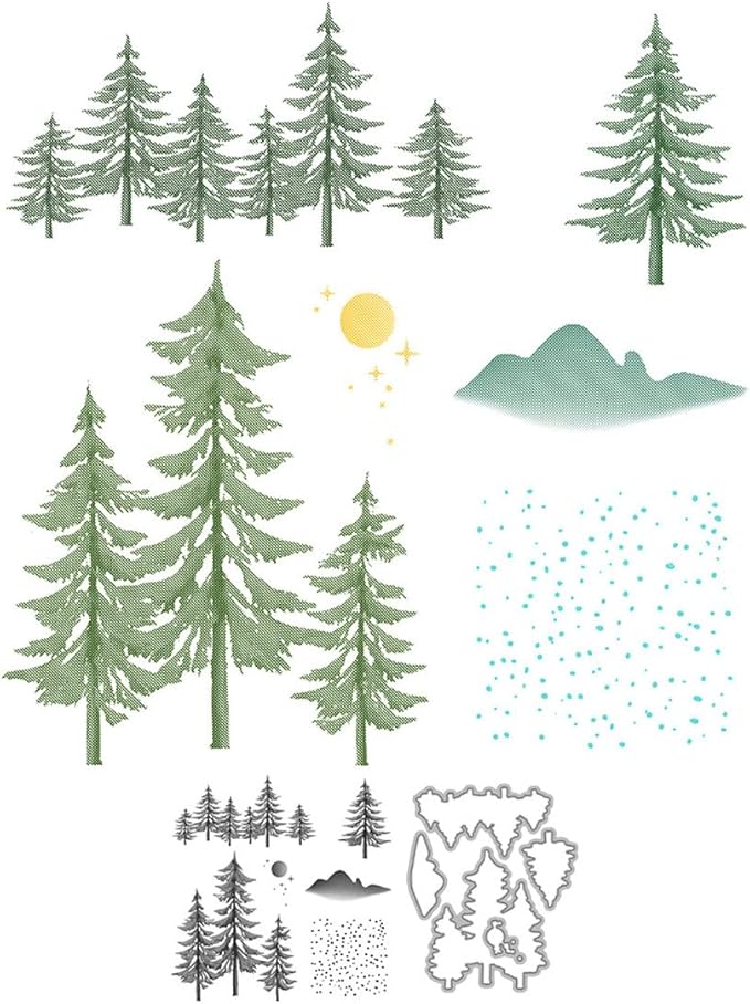 Snow Christmas Tree Stamps and Cutting Dies for Card Making DIY Transparent Silicone Clear Stamp and Metal Die Cuts Sets for Scrapbooking Paper Greeting Cards Decor Seals Craft Supplies
