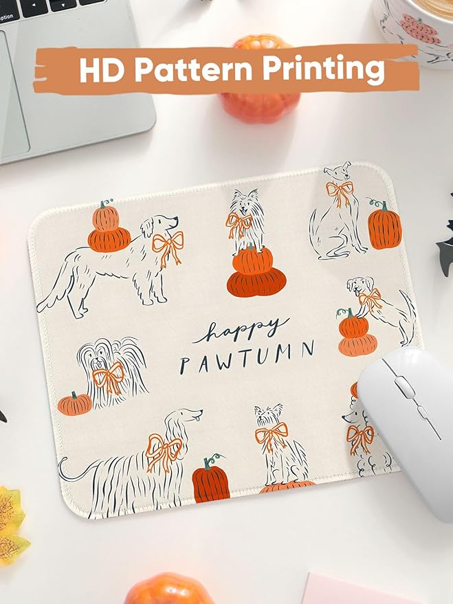 Seorsok Halloween Cute Puppy Mouse Mat,Pumpkin Decor Mouse Pads for Office Laptop,Washable Square Cute Mousepads with Extended Stitched Edges Non Slip Rubber Base 9.5"x7.8"x0.12" Inch,Beige
