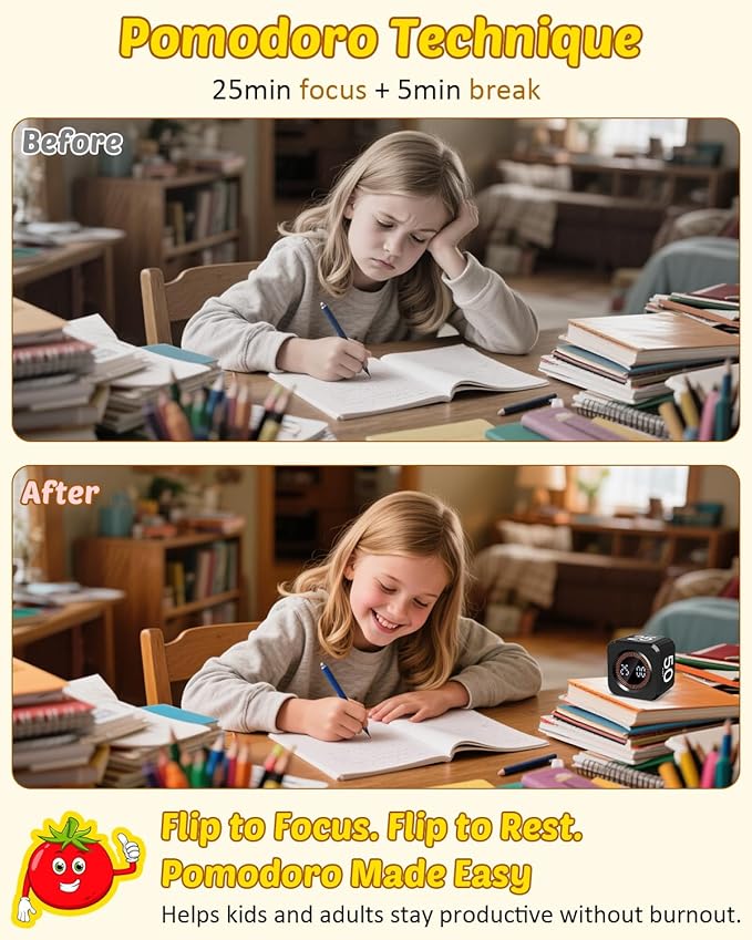 Digital Pomodoro Timer Cube 5/10/25/50min, Visual Productivity Flip Timer for Kids Classroom Desk, Custom Countdown, Silent and Sound Mode for ADHD Study Work Game Kitche(Black)