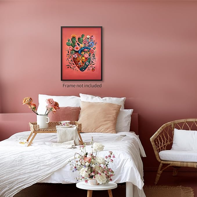 Mexico Blooming Heart Canvas Poster Colorful Vintage Botanical Wall Art Funky Trippy Pink Prints for Bed Living Room Apartment Wall Decor 24X36 inch Unframed