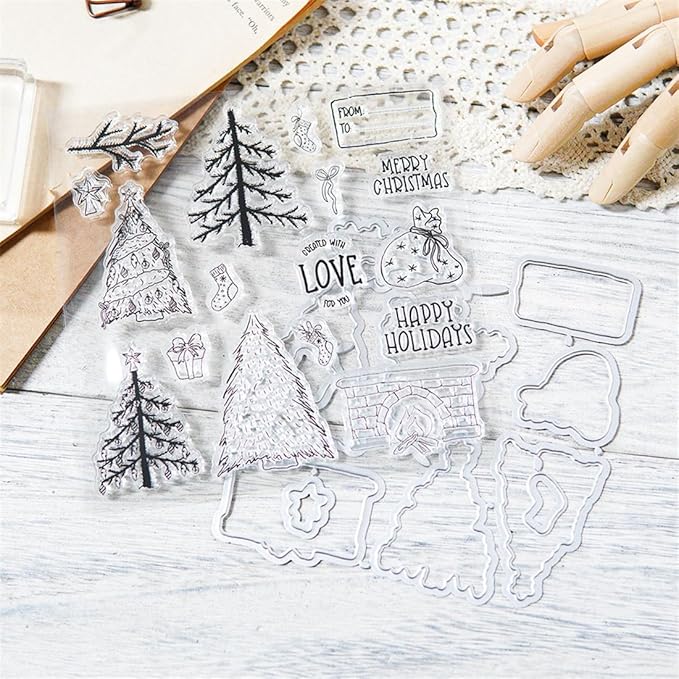 Christmas Tree Fireplace Stamps and Cutting Dies for Card Making DIY Transparent Silicone Clear Stamp and Metal Die Cuts Sets for Scrapbooking Paper Greeting Cards Decor Seals Craft Supplies