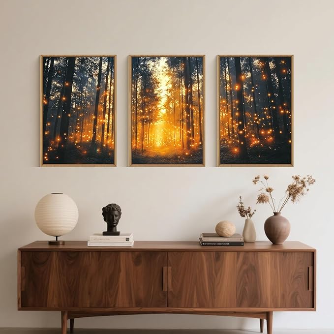 Magical Firefly Forest Framed Canvas Wall Art Set,Enchanted Night Nature Mystical Woodland Wall Decor,Whimsical Orange Twinkling Black Tree Art Print for Living Room, Bedroom, Office- 24"x36"x3