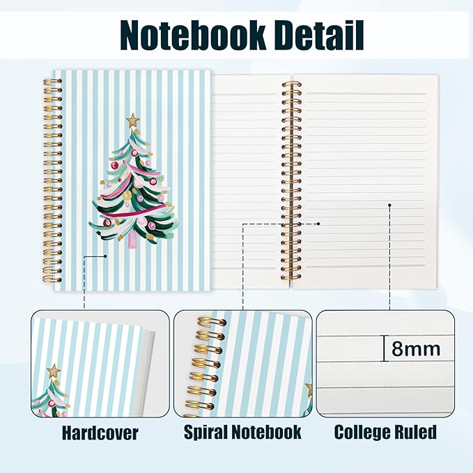 Pastel Christmas Tree Spiral Notebook, Christmas Aesthetic Journal for School Office Supplies, Preppy Xmas Blue Striped Winter Holiday Hardcover Journal 5.5x8.3 Inch