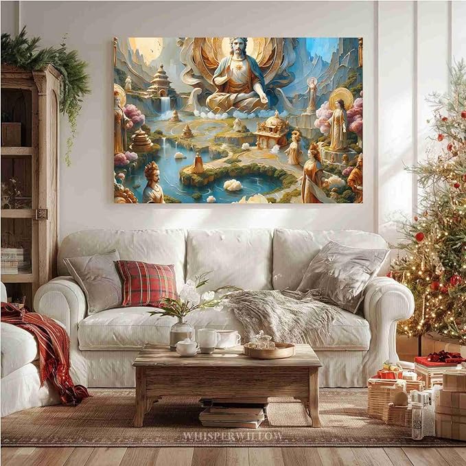 Biblical Scene Wall Art Religious Wall Decor Messiah on Throne Print Sacred Landscape Poster Vintage Oil Painting Christmas Print Indoor Decor for Home Church Chapel Prayer Room Meditation Space