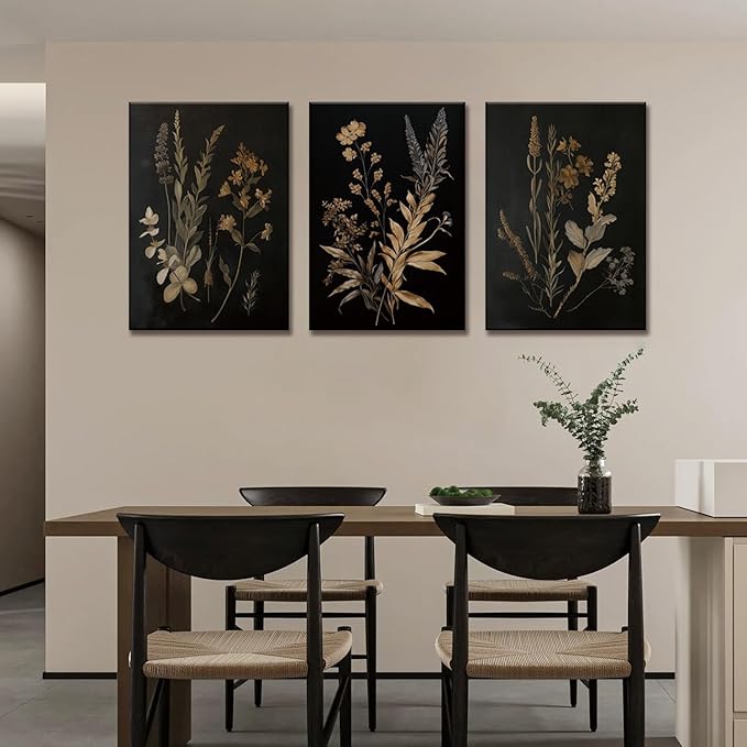 TUEASKY 3 Piece Moody Botanical Canvas Wall Art Vintage Floral Wall Art Boho Dark Flower Decor Black Wildflower Art Prints for Living Room Bedroom16x24in Framed