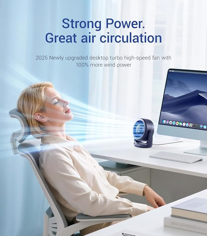 Diveblues USB Desk Turbo Fan, Ultra-Quiet Mini Desk Fan, Powerful Wind, LED Display, 5 Speed, 360° Rotating Small Portable Fan for Home, Office and Outdoor Cool Tech Gadgets - TurboBreeze