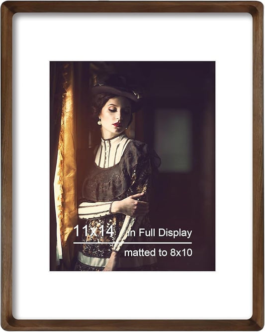 11x14 Picture Frame Natural Walnut Wood with Mat for 8x10, Original Natural Solid Wood 11 by 14 Photo Frames with Tempered Glass Cover for Wall and Tabletop Display