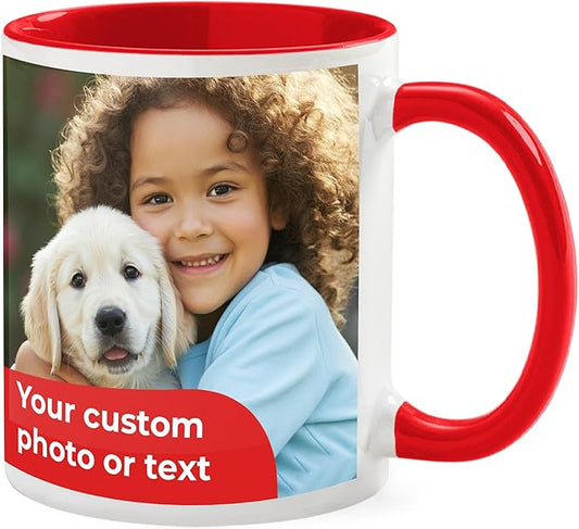 Personalized Mug, Custom Ceramic Mug with Photo and Text, 11oz, Pack of 100, Glossy Coffee Cup, Perfect for Christmas, Secret Santa or as Holiday Gift for Family or Friends, White/Red