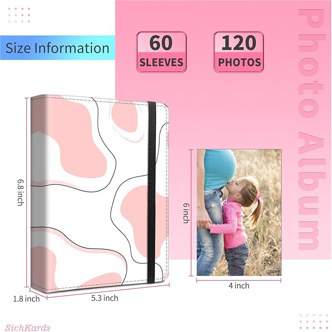 Photo Album 4x6-120 Photos Capacity,PU Leather Cover with Elastic Band,High Definition Waterproof PP Pages for Family Wedding Anniversary Baby Record,Pink cow
