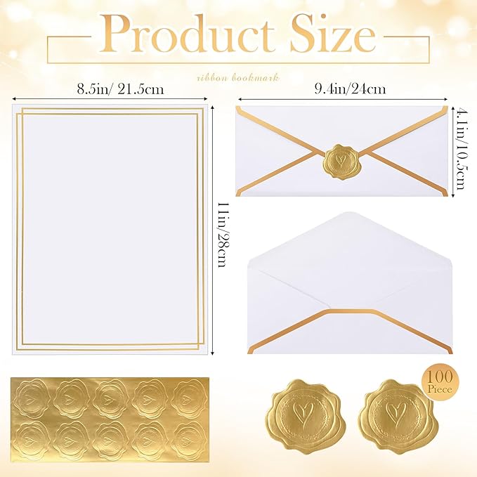 Gueevin 100 Pack White Stationery Set with Envelopes and Stickers Gold Border Letter Paper and Envelopes Set #10 Business Envelope 8.5x11 Paper Sheets and Stickers for Letter Writing Invitation