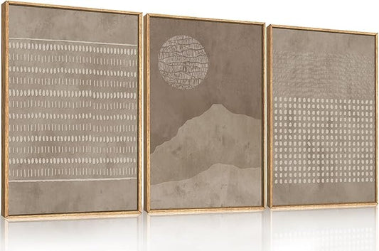 Large Mid Century Tan and Beige Framed Canvas Wall Art,Neutral Lines Dots Wall Decor,Abstract Sunset and Mountain Artwork,Boho Textured Shapes Art Print for Living Room,Bedroom,Office-24"x36"x3