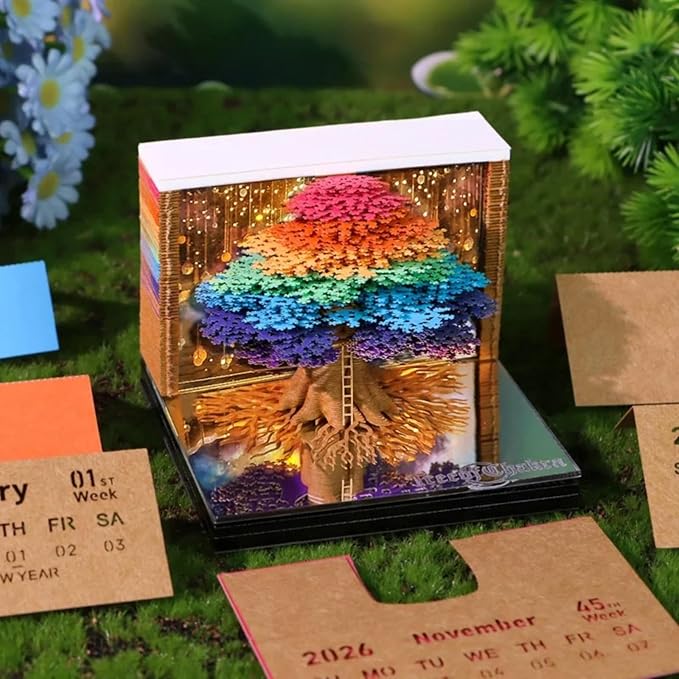 Time Piece Calendar 2026,3D Tree Tear-Away Memo Pad Creative Desk Calendars,3D Notepad Paper Carving Art Sticky Notes,3D Calendar 2026 Suitable for Room and Office Desktop Decoration