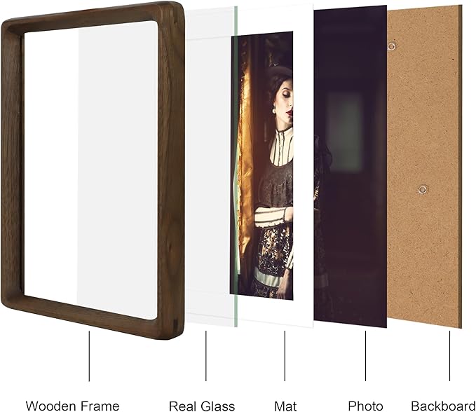 6x8 Picture Frame Natural Walnut Wood with Mat for 5x7, Original Natural Solid Wood 6 by 8 Photo Frames with Tempered Glass Cover for Wall and Tabletop Display