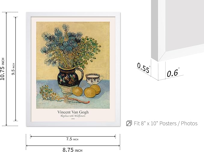 Monem Art Vintage Van Gogh Poster - Retro Majolica with Wildflowers Print - Impressionism Art - Flower Art - Fine Art - Classic Painting Art - Floral Living Room Decor - 8x10 White Framed