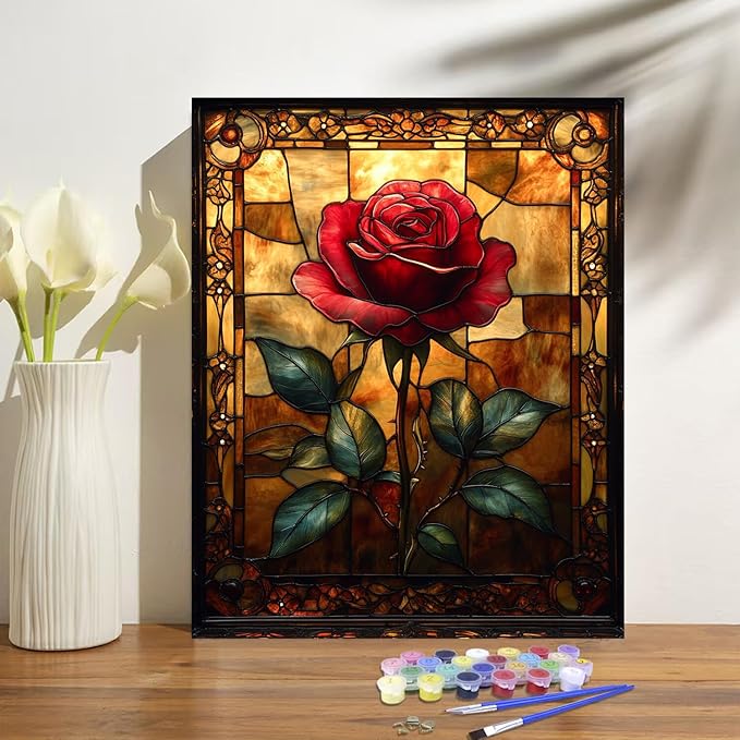 obterie Rose Paint by Numbers Kit for Adults Beginner Flowers Oil Painting Kit Adult Paint by Number Kits on Canvas DIY Painting for Beginners Art by Numbers for Gifts Home Wall Decor 16x20 Inch