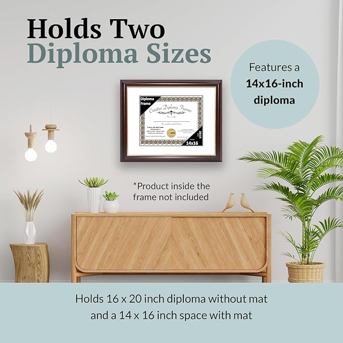 Creative Picture Frames 14x16 Mahogany Gold Rim Diploma Frame with White Mat Glass and Installed Wall Hangers | Frame Holds 16x20 Media without Mat