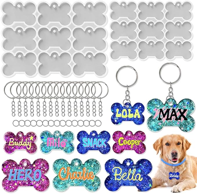 ResinWorld Set of 2'' & 1.5'' Dog Bone Silicone Molds with 15Pcs Key Ring & 15pcs Jump Ring, Pet Tag Mold for Resin Casting