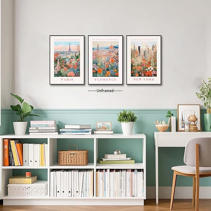 XLARTMY Flower Market Wall Art Prints Canvas Orange and Pink Floral Paintings Colorful Botanical Travel Flower Posters for Home Decor Pictures Set of 3 for Living Room Bedroom 16x24in Unframed