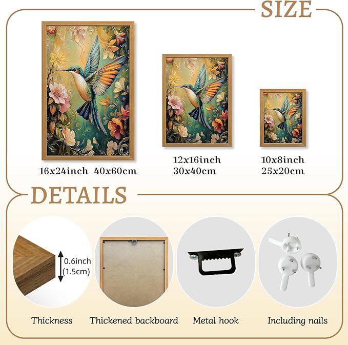 LLEEMPI William Morris Wall Art, Vintage Bird Floral Wall Decor, Hummingbird Flower Canvas Painting, Colorful Nature Botanical Aesthetic Picture for Living Room Bedroom Kid Room Wood Framed 16x24 inch